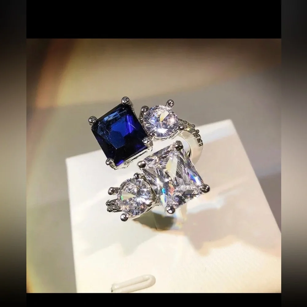 - Sapphire 3CT square cut 925 stamped swarovski elements adjustable ring